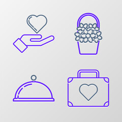 Wall Mural - Set line Suitcase for travel with heart, Covered tray of food, Flowers in basket and Heart on hand icon. Vector