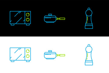 Wall Mural - Set line Pepper, Microwave oven and Frying pan icon. Vector