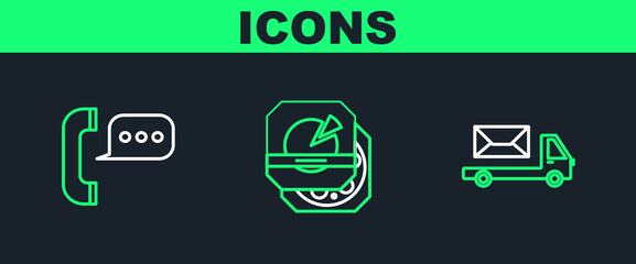 Poster - Set line Post truck, Telephone with speech bubble chat and Pizza in cardboard box icon. Vector