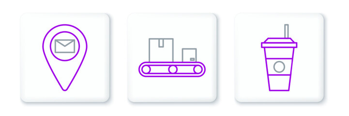 Poster - set line coffee cup, placeholder on map paper and conveyor belt with cardboard box icon. vector