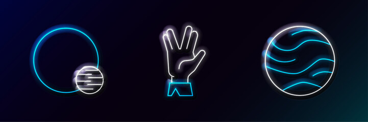 Poster - set line planet, and vulcan salute icon. glowing neon. vector