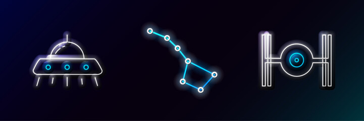 Poster - Set line Cosmic ship, UFO flying spaceship and Great Bear constellation icon. Glowing neon. Vector
