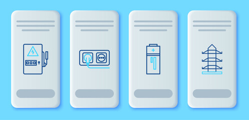 Sticker - Set line Electrical outlet, Battery, panel and High voltage power pole line icon. Vector