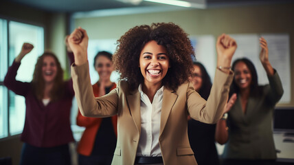 Portrait of happy businesswoman with arms raised while colleagues cheering in office. Ai render.