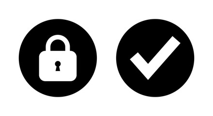 Poster - Lock and check mark icon vector in circle. Padlock and checkmark sign symbol