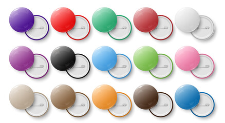 Circle button badge. Round pinned badges tag, metal pinback buttons and colorful pin label. Glossy plastic button, realistic brooch pins. Colorful isolated vector mockup icons set