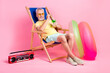 Full body cadre of chilling old man macho sunglass drink alco cocktail glass sunbed listen boombox party isolated on pink color background