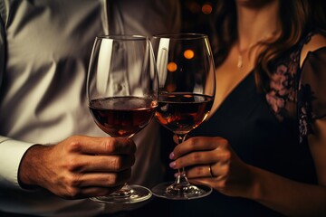 A closeup of a couple celebrating, wine glasses closeup