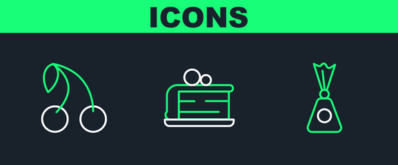 Sticker - Set line Candy, Cherry and Piece of cake icon. Vector