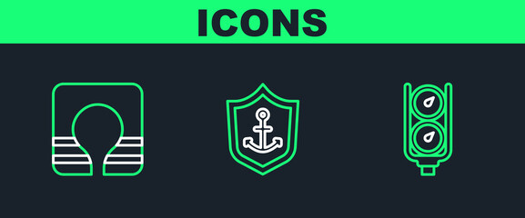 Poster - Set line Gauge scale, Life jacket and Anchor inside shield icon. Vector