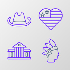 Sticker - Set line Native American Indian, White House, USA Independence day and Western cowboy hat icon. Vector