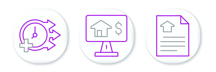 Sticker - Set line House contract, Clock and Online real estate icon. Vector