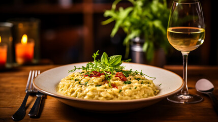 A bowl of creamy risotto made with arborio rice white wine and Parmesan cheese