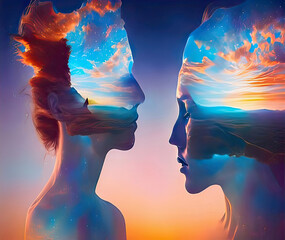 Wall Mural - Two women with worlds in their heads. Surreal art