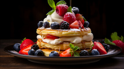 Wall Mural - A stack of pancakes topped with fresh fruit and whipped cream