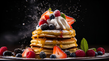 Wall Mural - A stack of pancakes topped with blueberries strawberries and whipped cream