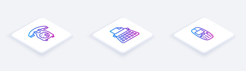 Poster - Set Isometric line Telephone handset, Retro typewriter and Old mobile. White square button. Vector