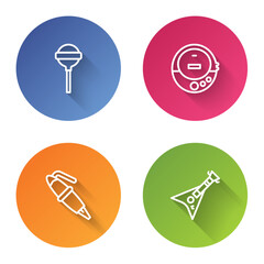 Sticker - Set line Lollipop, Music CD player, Fountain pen nib and Electric bass guitar. Color circle button. Vector