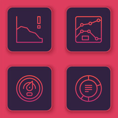 Poster - Set line Financial growth decrease, Digital speed meter, Graph, chart, diagram and Pie infographic. Blue square button. Vector