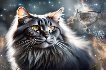 Wall Mural - beautiful mystic cat with universe, magic esoteric silver, zodiac  sign of  Aquarius  and stars like astrology concept 