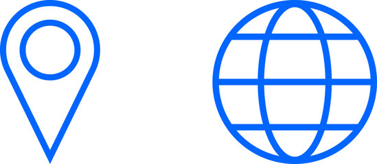 Poster - Set of Blue World Globe Earth Web Map and Location Pointer Pin or You Are Here Marker Sign Icon Set. Vector Image.
