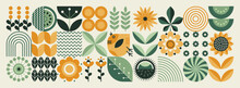  Geometric Floral Pattern. Scandinavian Style. Ukrainian Motifs. Natural Organic Flower Plants, Eco Agriculture Concept. Abstraction. Vector Minimal Illustration