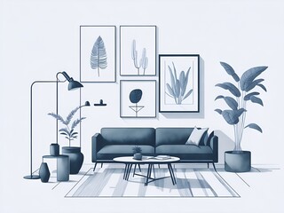 Wall Mural - Modern living room blueprint style draw. AI generated illustration