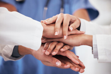 Poster - Hospital, mission and hands of doctors in support of teamwork, help or motivation for medical goal. Healthcare, group or people together for team building, collaboration or trust, faith or solidarity