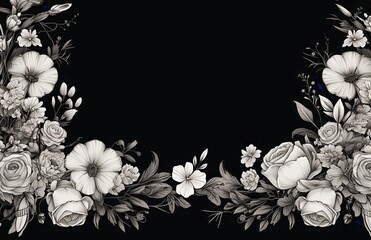 Poster - Black and white illustration of a flower frame background.