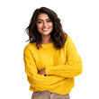 Attractive indian woman wearing bright yellow cozy knitted sweater. Isolated on transparent background