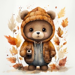Canvas Print - Cute autumn watercolor baby bear isolated