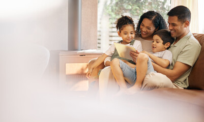 Family, children and tablet on sofa in e learning, video streaming and school or online education with parents love and support. Happy mother, father and kids on couch, digital tech and home mockup