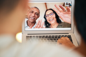 Poster - Video call, laptop screen and wave with face of family for communication, contact or connection. Happy, digital and technology with senior people at home for excited, website or online chat together