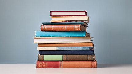 Poster - A stack of books on a table against a gray wall.Created with Generative AI technology.