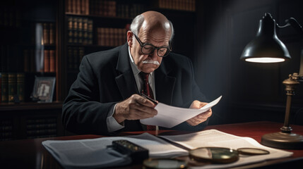 Aufkleber - A lawyer is reviewing various documents in his office against the backdrop of a bookcase. Created with Generative AI technology.