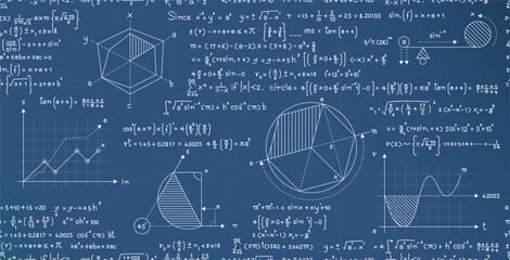 Wall Mural - Geometric formulas and finding area seamless pattern on blue chalkboard.