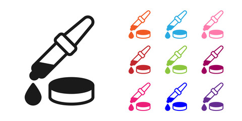 Poster - Black Pipette icon isolated on white background. Element of medical, chemistry lab equipment. Pipette with drop. Medicine symbol. Set icons colorful. Vector
