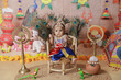 Janmashtami Concept. Cute baby boy dressed up as little krishna sitting on chair.
