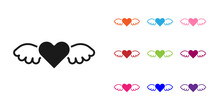 Black Heart With Wings Icon Isolated On White Background. Love Symbol. Happy Valentines Day. Set Icons Colorful. Vector