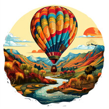 Bohemian Hot Air Balloon, Decorated With Vibrant Tribal Patterns. Soaring High Above The Beautiful Scenery. AI Generated Images
