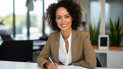 Wall Mural - Smiling businesswoman standing against office background.