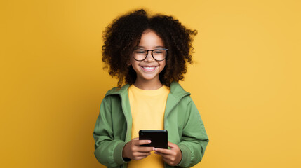 Wall Mural - Little kid with a cell phone on a yellow background.