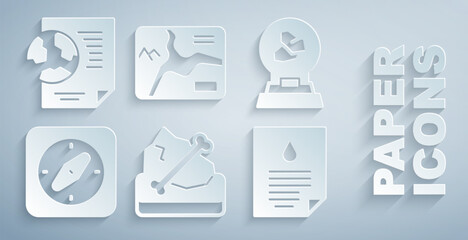 Set Archeology, Exhibition with minerals, rocks, Compass, Oil drop document, Topographic map and Earth globe icon. Vector