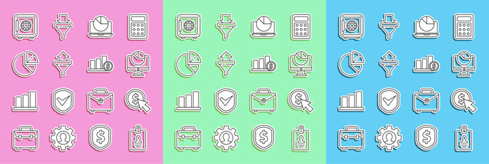 Poster - Set line Identification badge, Cursor and coin, Computer monitor with graph chart, Laptop, Sales funnel arrows, Pie infographic, Safe and dollar icon. Vector