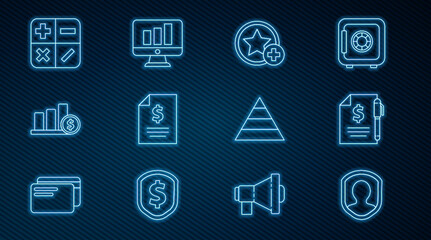 Poster - Set line User protection, Contract money and pen, Star, Pie chart infographic dollar, Calculator, Pyramid infographics and Monitor with icon. Vector