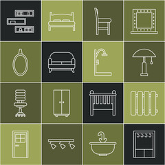 Poster - set line wardrobe, heating radiator, table lamp, chair, sofa, mirror, shelf with books and shower ic