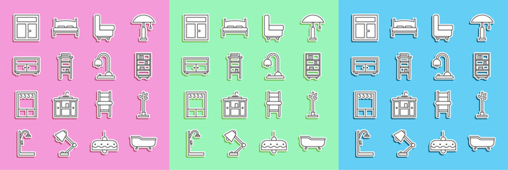 Poster - Set line Bathtub, Coat stand, Library bookshelf, Armchair, Bathroom rack with shelves for towels, Chest of drawers, Window in the and Table lamp icon. Vector