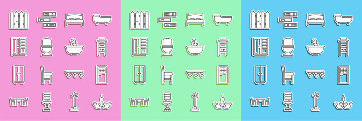 Poster - set line chandelier, closed door, bathroom rack with shelves for towels, big bed, toilet bowl, wardr