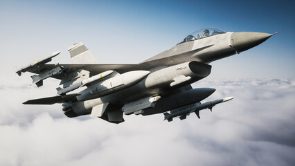 Poster - F-16 Fighting Falcon. Jet fighter flying above the clouds. 3d illustration