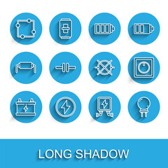 Poster - Set line Car battery, Lightning bolt, Electric circuit scheme, transformer, emitting diode, light switch and icon. Vector
